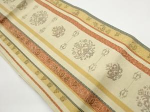 本場筑前博多縞に草花・鳥模様織出し名古屋帯